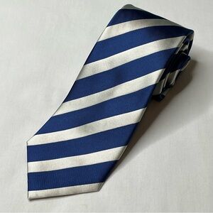 T. Harris- London Men's Repp Striped Tie. 100% Silk. Silver & Cobalt Blue